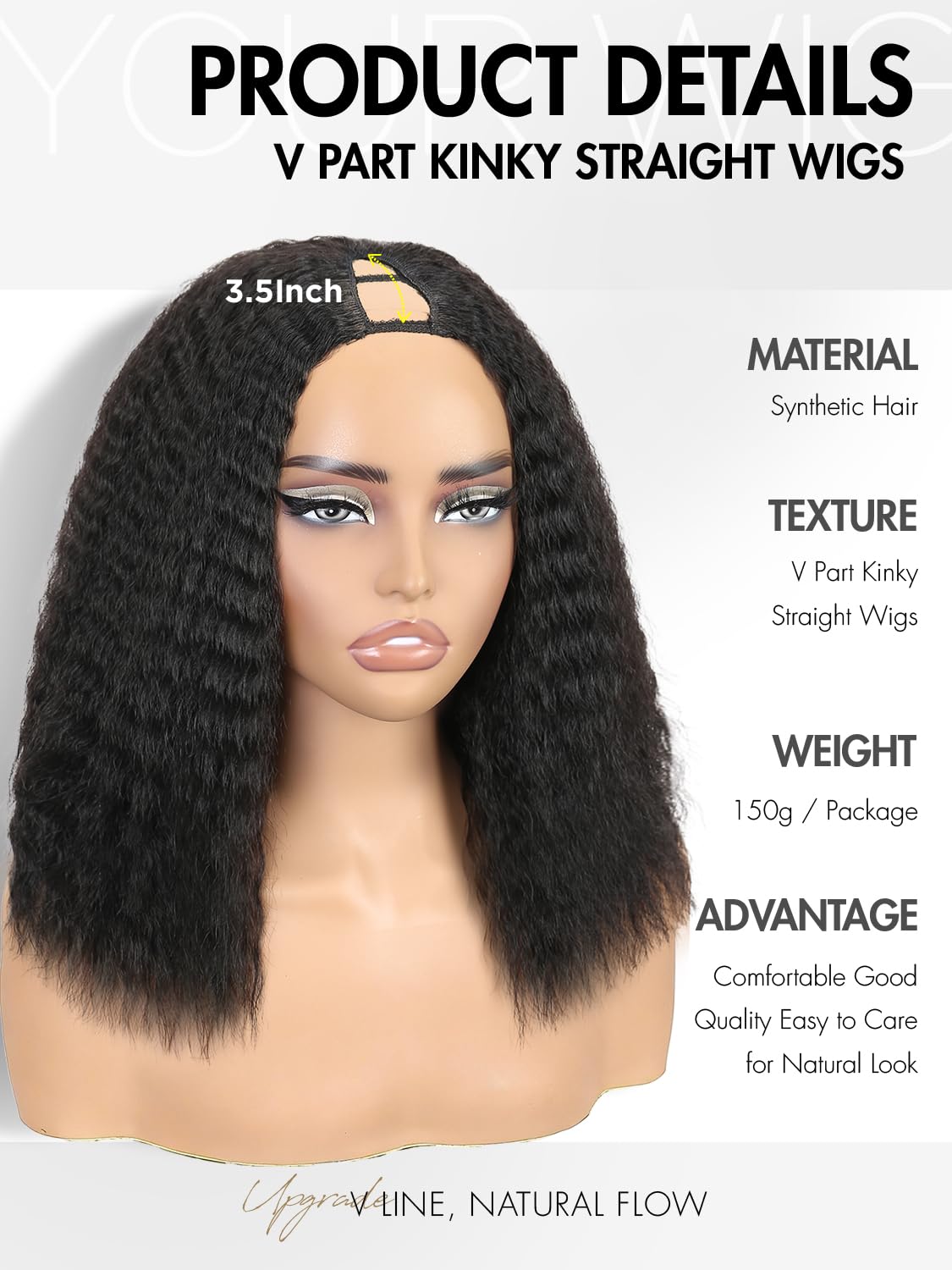 16 Inch Black V Part Half Kinky Straight Layered Wigs Density Upgrade Glueless Clip In Kinky U Part Wig for Women Daily Party Use