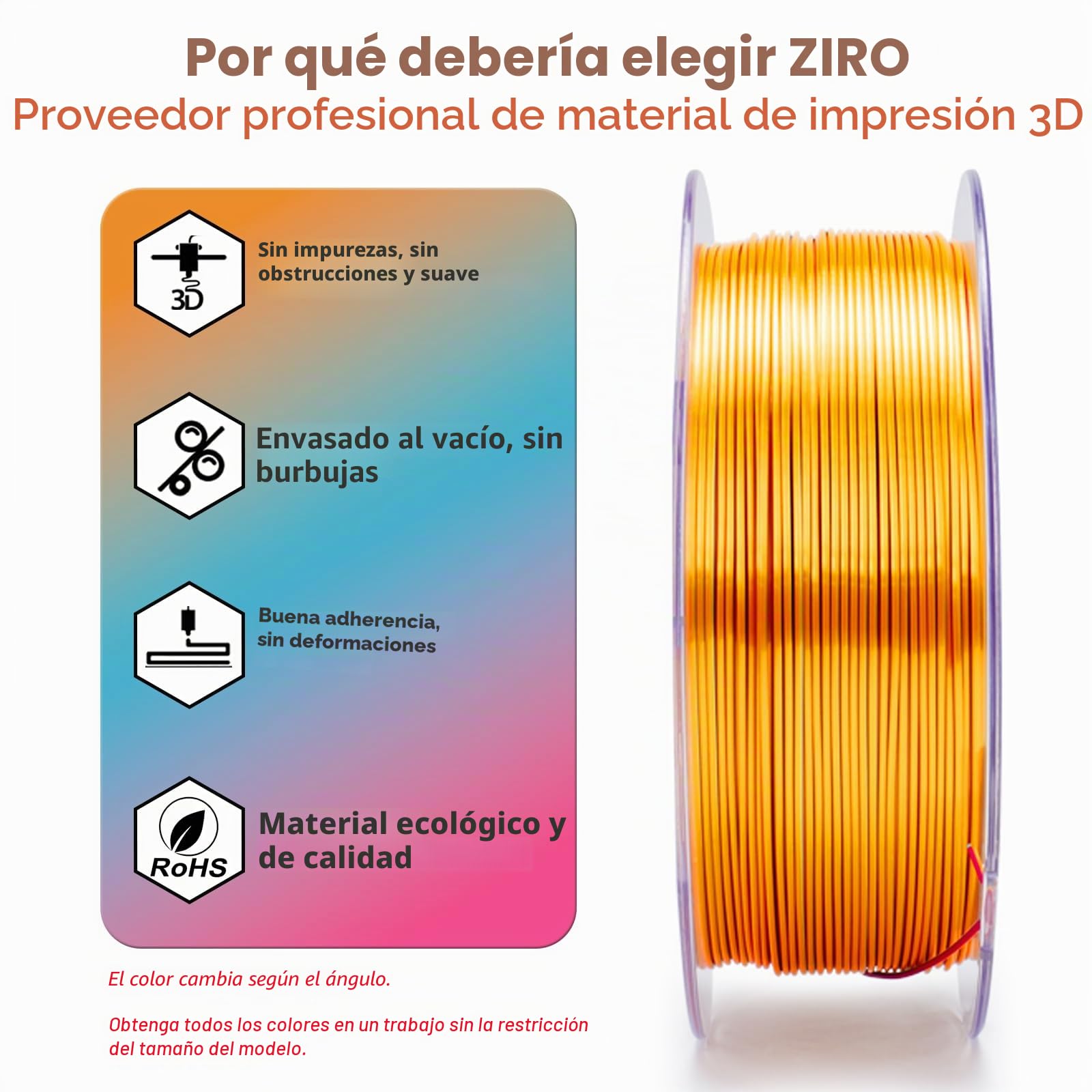 ZIRO Seda Multicolor Filament PLA 1.75mm, Seda Coextrusión Tricolor PLA 1KG | Arcoíris Filamento para Impresora 3D, Precisión Dimensional +/-0.03mm, Flor de Metal