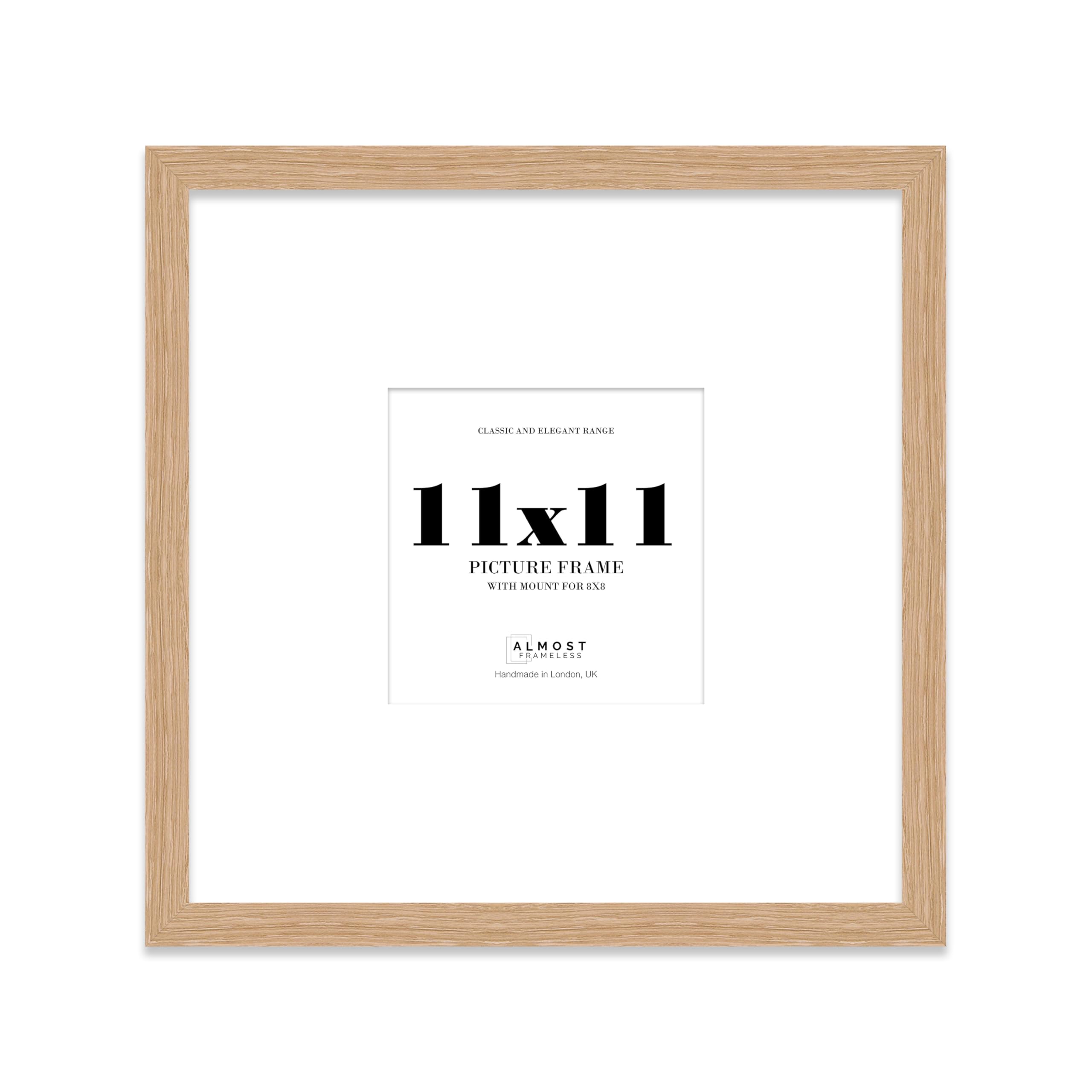 Almost Frameless 11x11 Square Picture Frame, Display Pictures 8x8 With Mat or 11x11 Without Mat, Wall Hanging & Free Standing Photo Frame, Oak, 1 Pack
