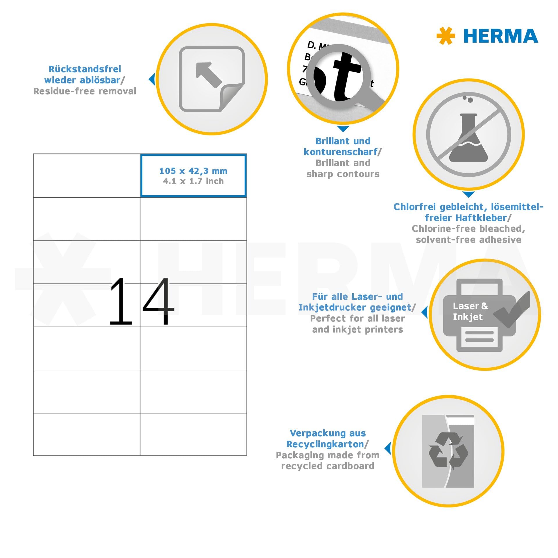 HERMA 5081 Universal Etiketten ablösbar, 800 Blatt, 105 x 42,3 mm, 14 pro A4 Bogen, 11200 Stück, selbstklebend, bedruckbar, matt, blanko Papier Klebeetiketten Aufkleber, weiß