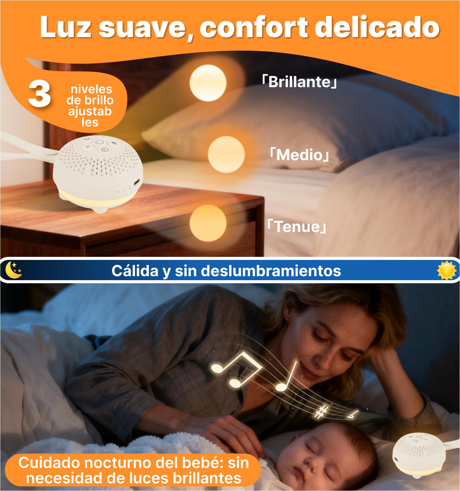 Hmusic Máquina Ruido Blanco, Sueño Bebé, Luz Noche, Temp 60H | Máquina Sonido Portátil Adultos, Batería 20-60H, Temporizador, Luz 3-Brillos, Guardería, Viaje