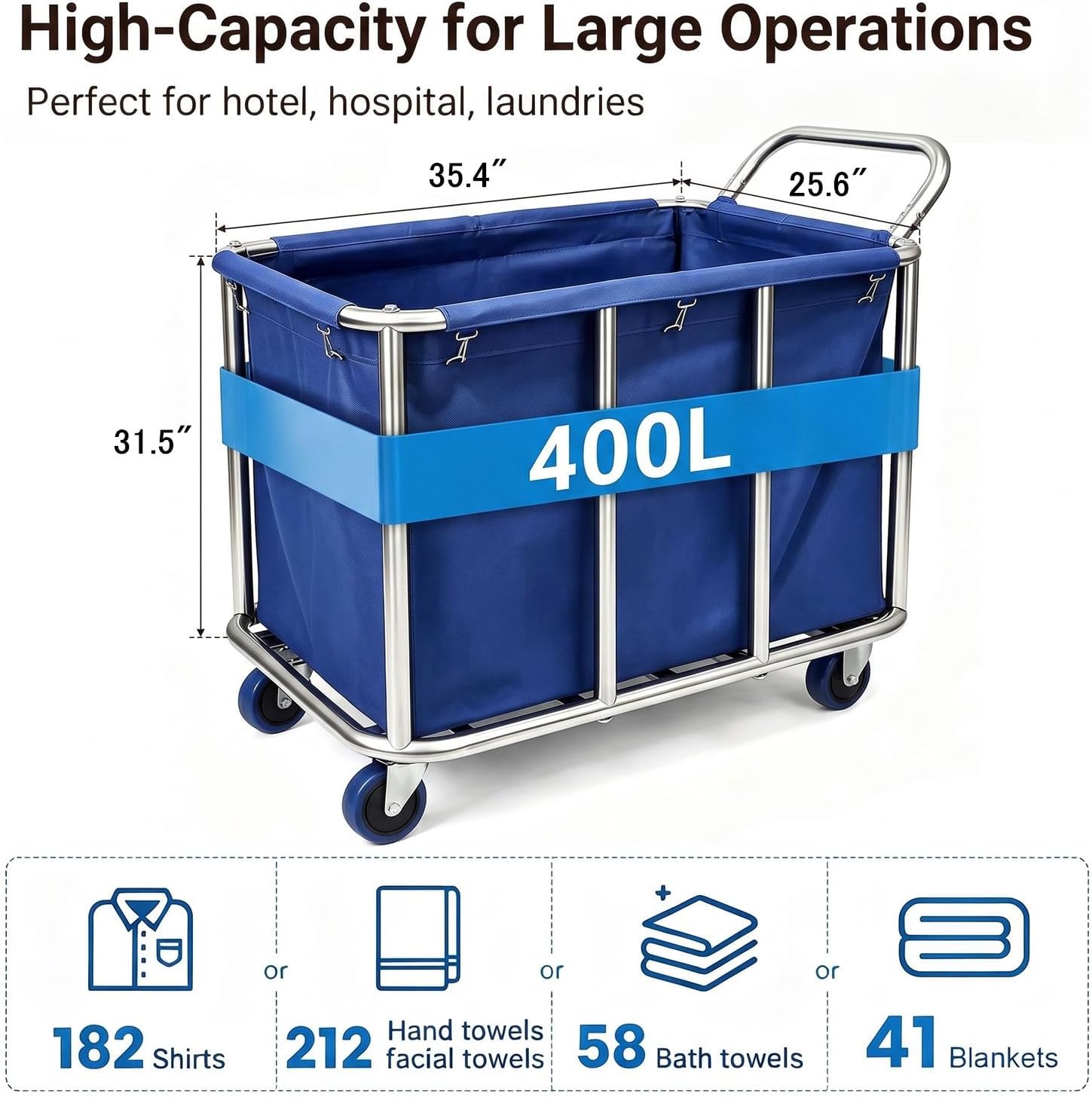Commercial Laundry Cart with Wheels, 400L Industrial Rolling Laundry Basket with Handle, Large Heavy Duty Laundry Hamper, Stainless Steel Frame & Waterproof Oxford Bag for Home Hotel Hospital, 440 lbs
