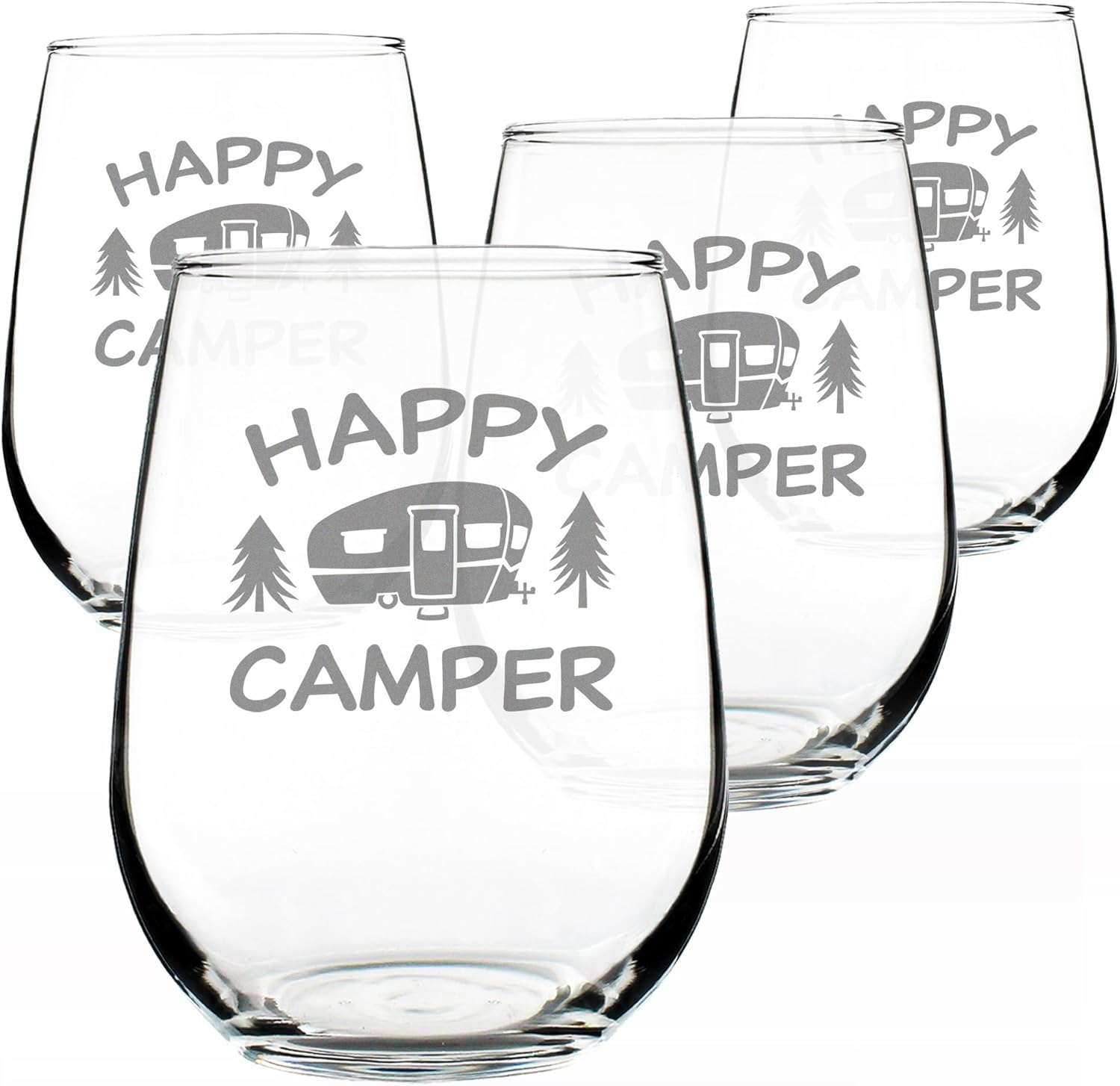 Bevvee Happy Camper - Funny Stemless Wine Glass - Camping Gifts - Large Glasses - Set of 2 - Fun RV Accessories for Women and Men