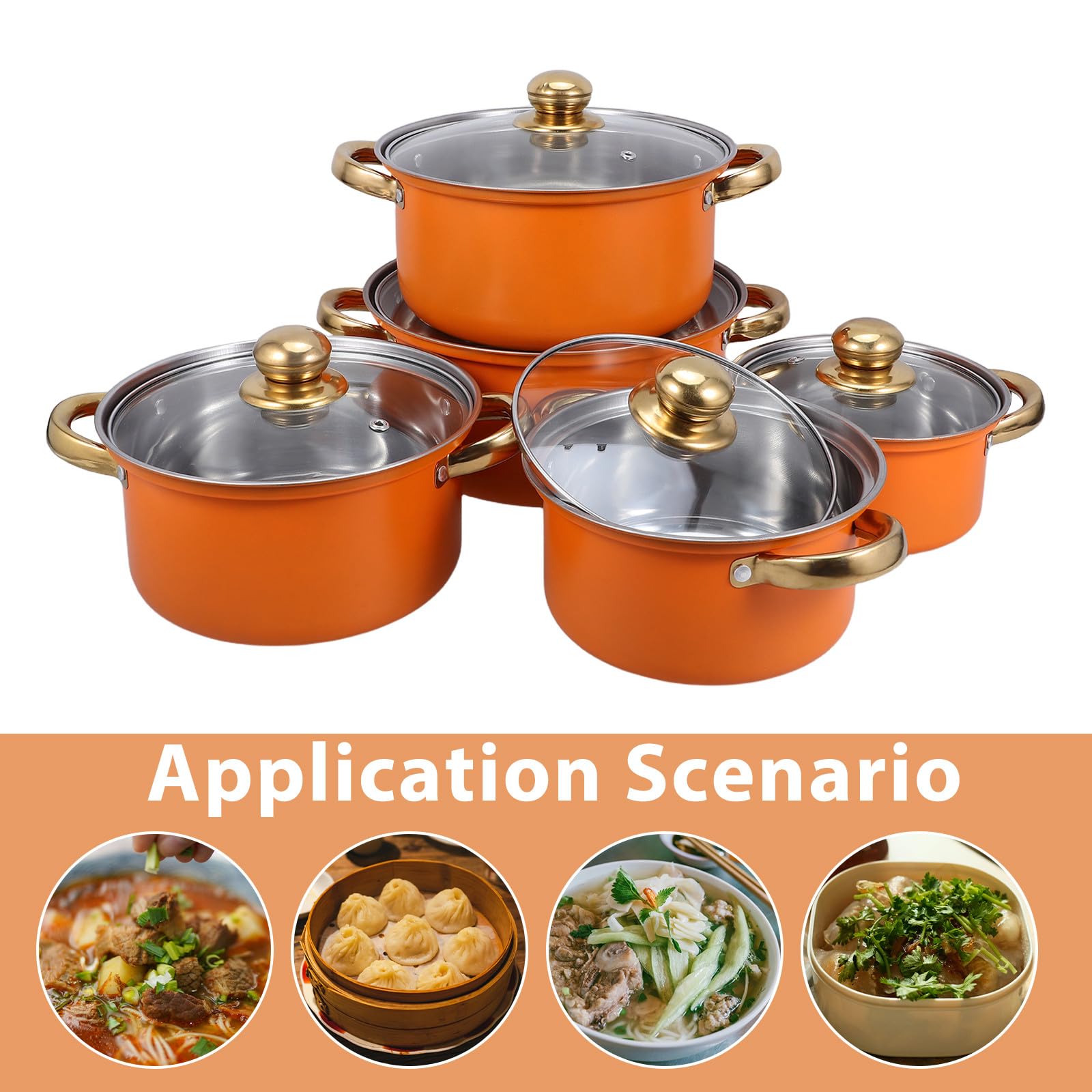 5 set di pentole da cucina: pentole e padelle in acciaio inossidabile, pentola con casseruola e pentola con coperchi in vetro per la maggior parte dei fornelli.