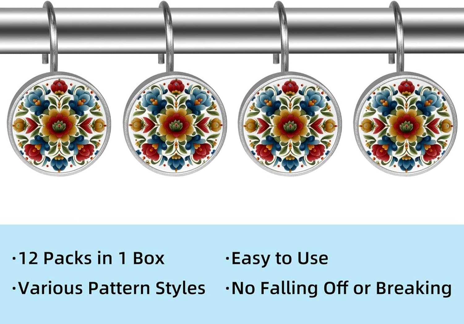 Norwegian Rosemaling Folk Style Flower (31) Shower Curtain Hooks Rings, rustproof Stainless Steel for Bathroom Shower Rod, 12 Pack