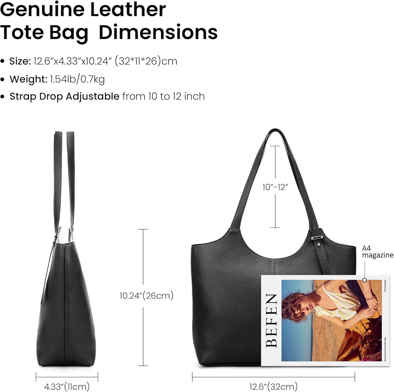 befen Genuine Leather Tote Bags for Women, Real Leather Shoulder Handbags Satchel Purses with Adjustable Strap - Image 5