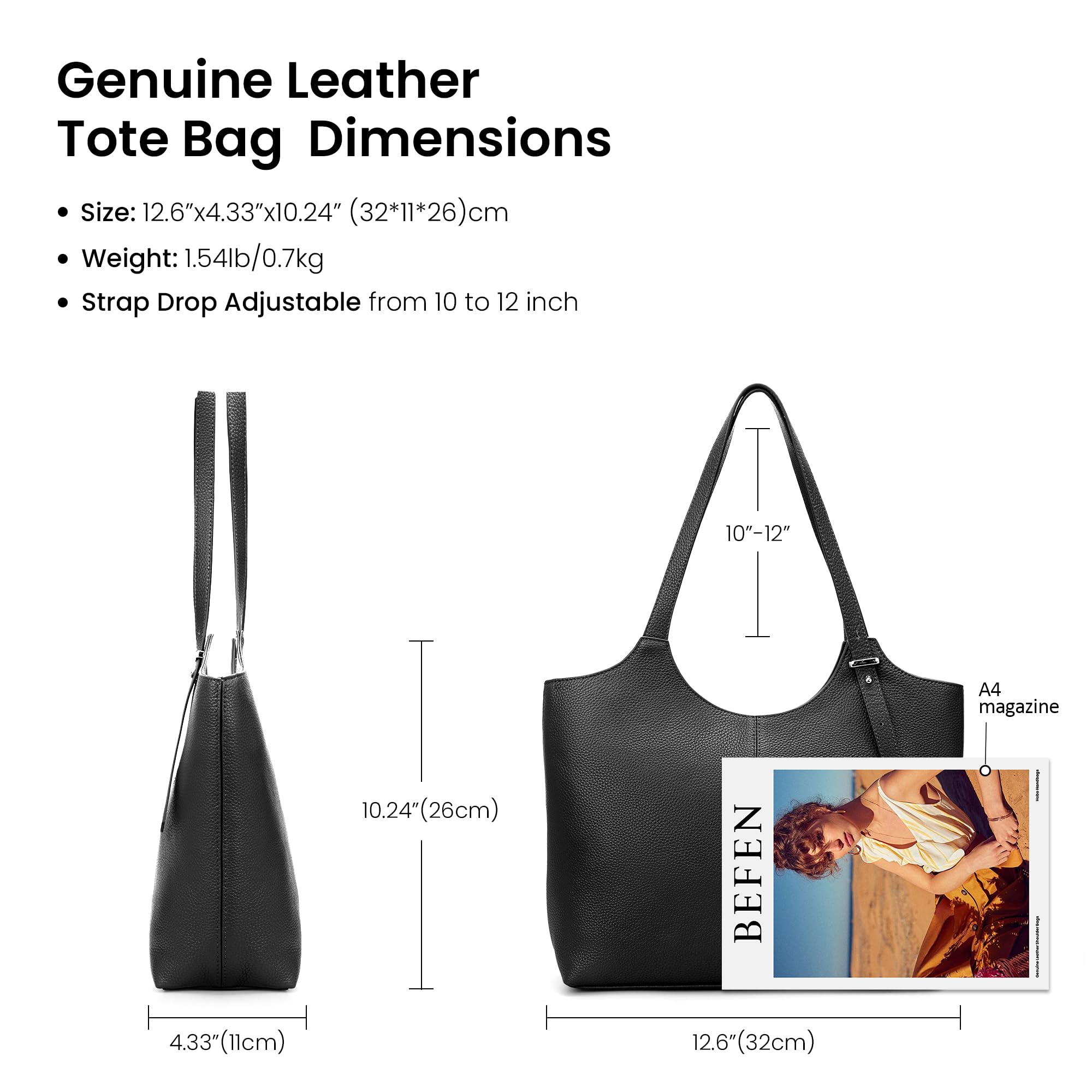 befen Bolsos de mano de piel auténtica para mujer, de trabajo, bolsos de hombro de piel auténtica con correa ajustable