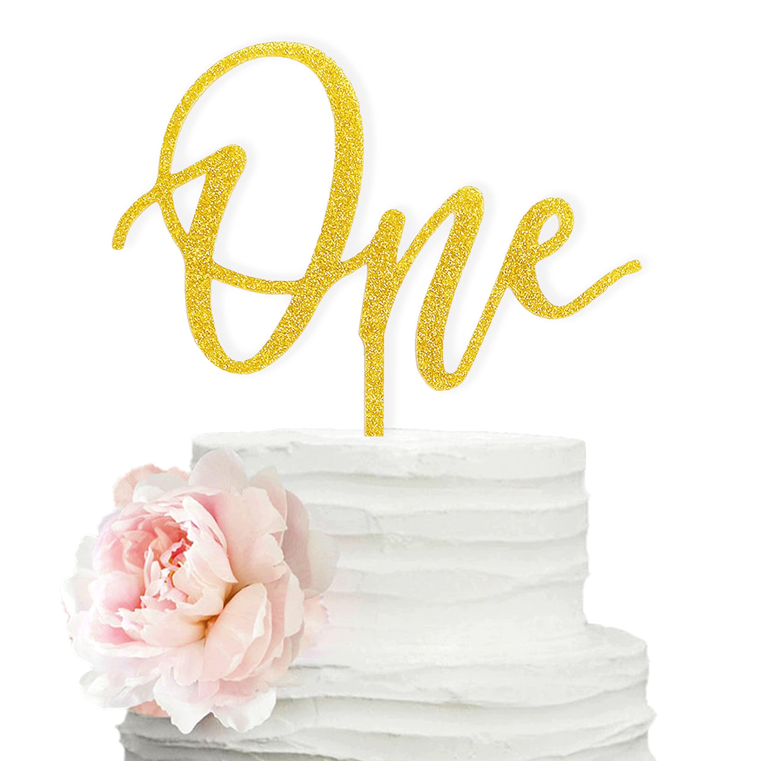 Photo 1 of Double-Sided Gold Glitter One Cake Topper (Large-Size, Thickened Acrylic) First Birthday Cake Topper, 1st Birthday, Anniversary, Baby Shower Cake Decoration Handwriting Style