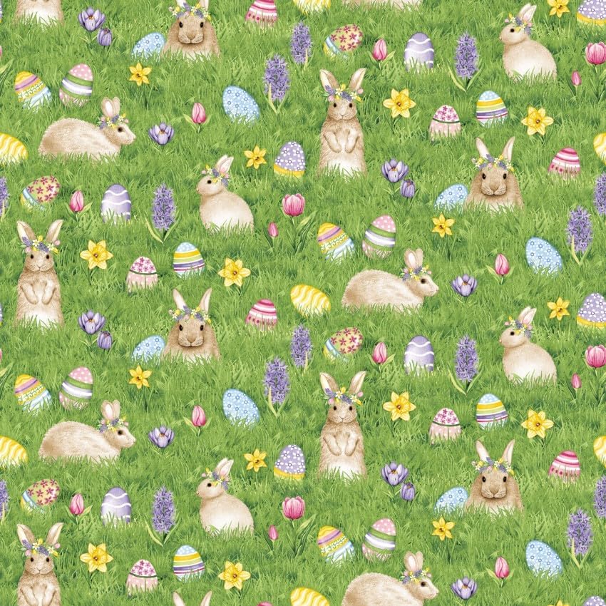 Cotton Fabric Henry Glass HEG1061-66 Bunnies and Eggs on Grass Fabric by The Yard