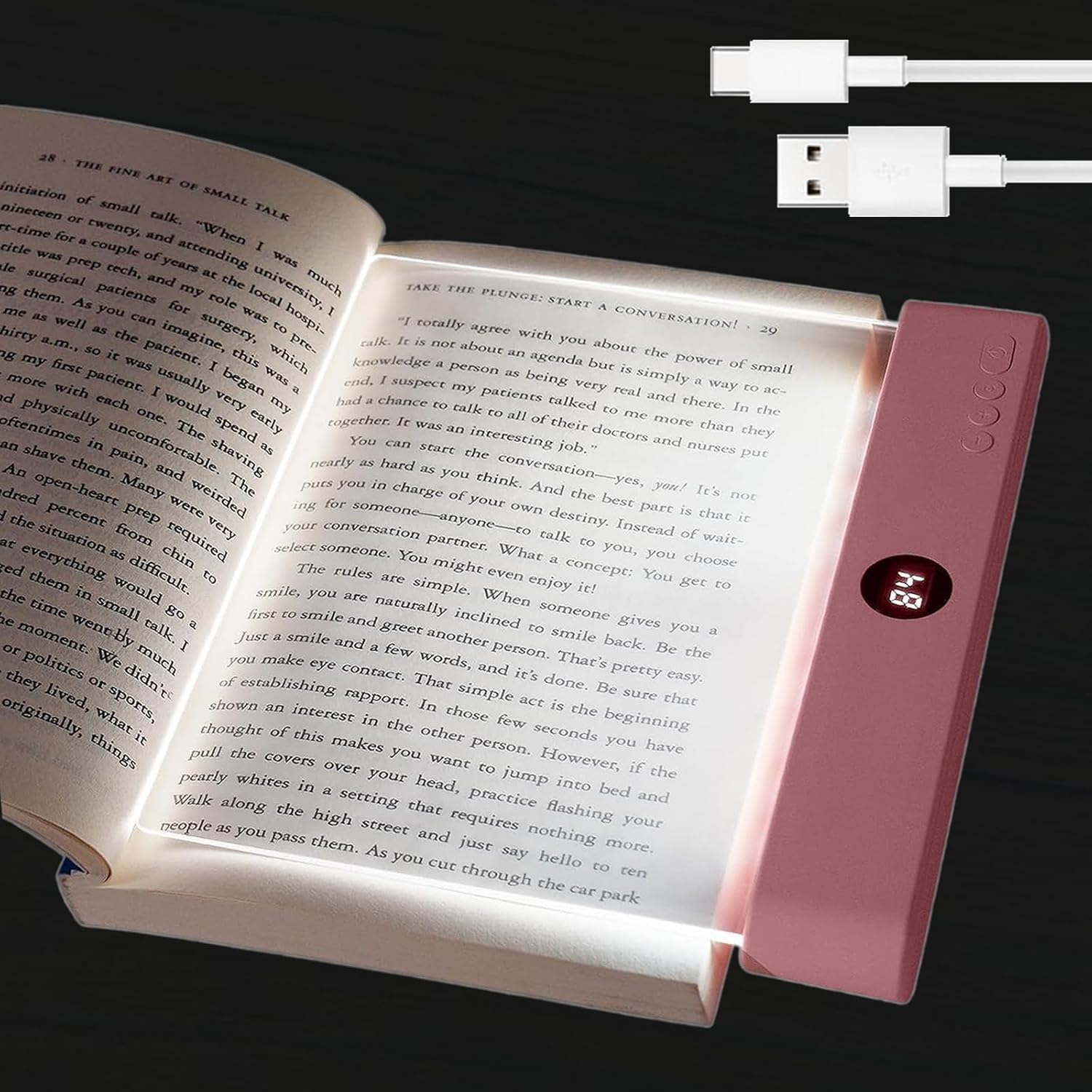 Clear LED Book Light, Rechargeable Reading Lamp with Uniform Full-Page Lighting, Dimmable Warm White & Cool White, 1200mAh Battery, Auto-Off Timer for Bedtime Reading, (Pink)