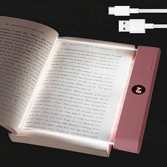 Book Light for Reading in Bed, Rechargeable LED Flat Book Light with Clear Full Page Panel, 3 Color Temperatures, Stepless Dimming, 199 Min Timer, 1200mAh USB-C Bookmark Light for Book LoversPink