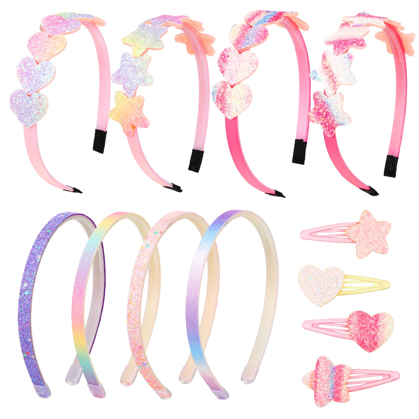 12 Pack Girls Headbands Glitter Hair Clips, Sparkle Rhinestone Heart/Star Headbands for Girls with Teeth, Plastic Toddlers Hair Accessories (multi-12Pack)