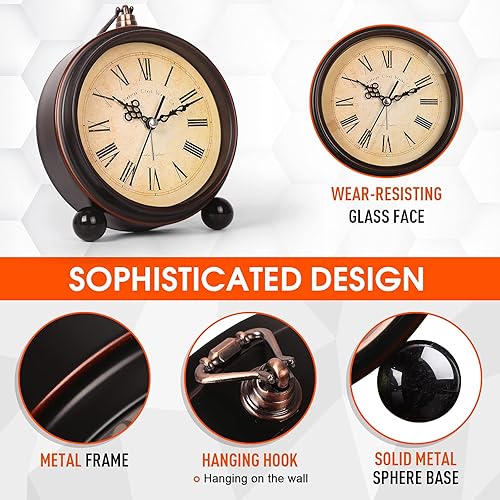 Miniatura 2 de RODH Reloj despertador a batería, reloj despertador retro vintage con luz nocturna, colgante, súper silencioso, reloj de mesa analógico pequeño sin