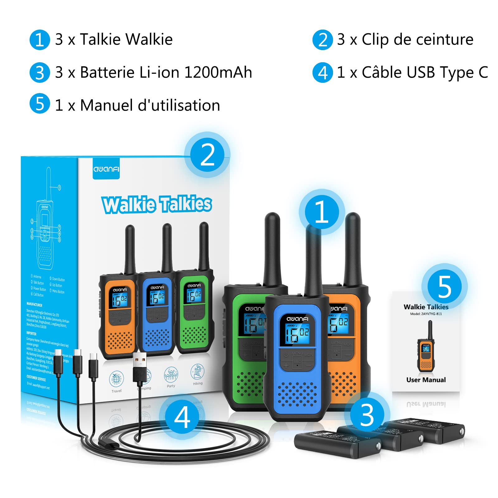 Talkie Walkie Longue Portée Enfants Adultes 3 Pièces, Talkie-Walkie Rechargeable avec 16 Canaux Radio à 2 Voies Écran LCD, Walkie Talkie USB Type C avec VOX pour Jeu d'Aventure, Randonneé, Vélo