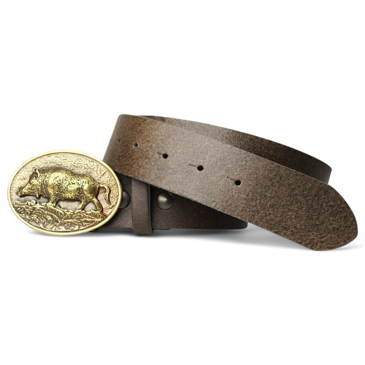 FRONHOFER Trachtengürtel Büffelleder 4 cm Breite Wildsau Messingschnalle 7,5 x 6 cm Druckknopfsystem Größen 95-125 Made in Germany Landhausmode Jagd