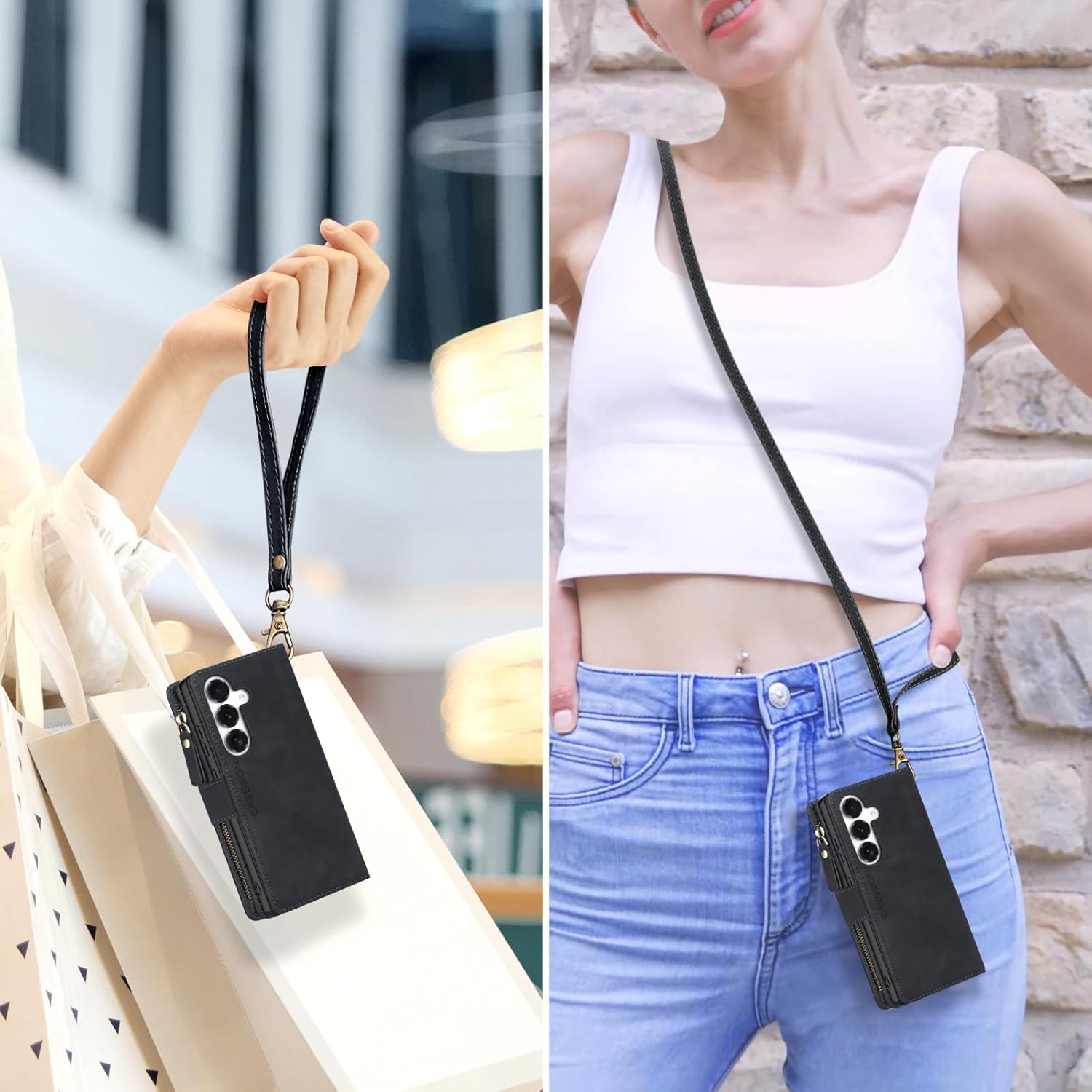 for Samsung Galaxy S26-Wallet Case: with RFID Blocking Card Slots (6 Cards) | Soft PU Leather Magnetic Snap Zipper Pocket | Crossbody Wrist Strap Protective Phone Cover - Black