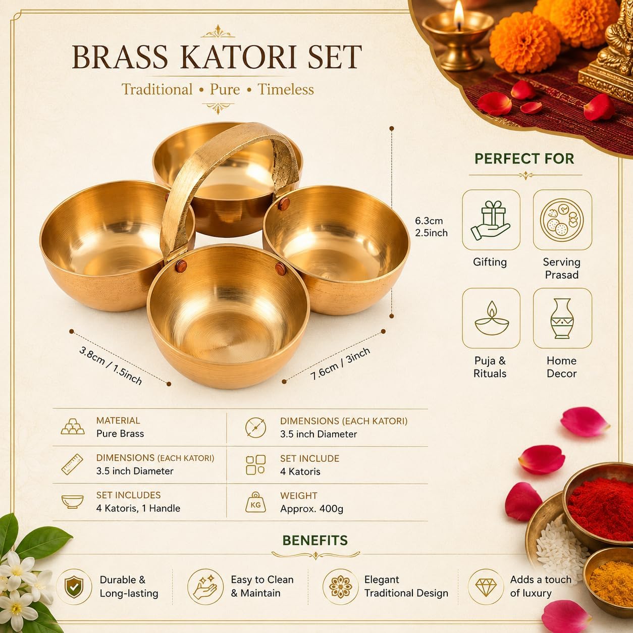 TIED RIBBONS Brass Kumkum Holder | Small Chowmukh 4 Bowl Stand Patra for Puja, Pooja Prayer, Haldi, Kumkum, Roli Gift | Panchpal Pooja Katori, Ganesh Chaturthi, Diwali, Navratri