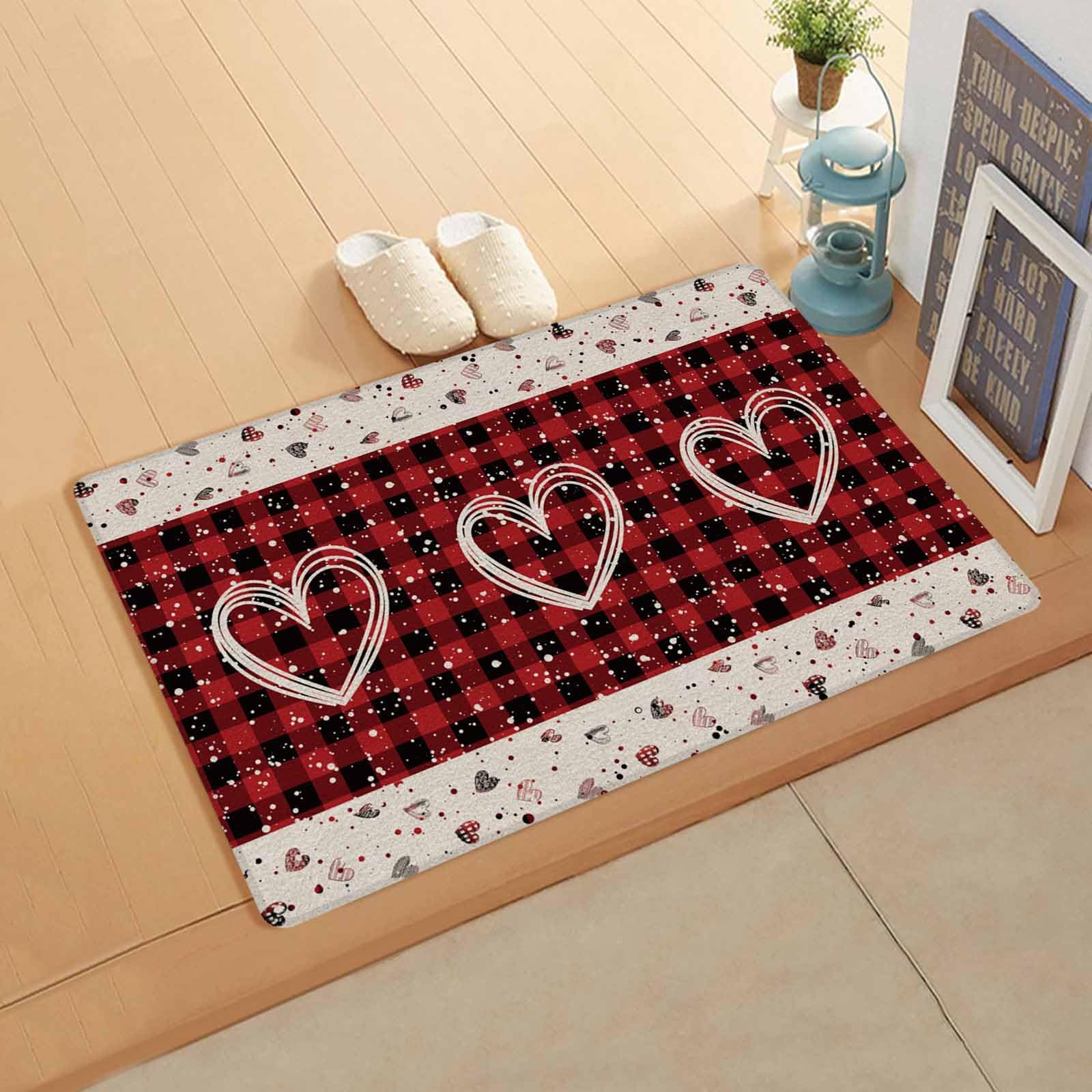 Valentine's Day Kitchen Bath Door Mat Cushioned Runner Rug,Washable Welcome Floor Sink Antifatigue Mat,Waterproof & Non-Slip Comfort Standing Doormat,Romantic Love Farmhouse Red Buffalo Plaid 20