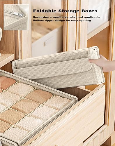 AARAINBOW 4 Packs Underwear Socks Storage Organizer with Lid, Foldable Closet Drawer Organizer with Dividers Wardrobe Storage Boxes Fabric Dresser Bin for Bra Scarf Neck Tie Container (50 Cells Beige) - Thumbnail 6