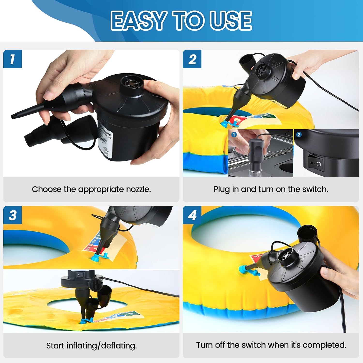 Electric Air Pump for Inflatables, VANNPOOY Portable Car Air Mattress Pump 110V AC/12V DC, Inflate Deflate Air Pump with 3 Nozzles, Pool Float Inflator Pump for Air Bed Toys Raft Boat Swimming Ring