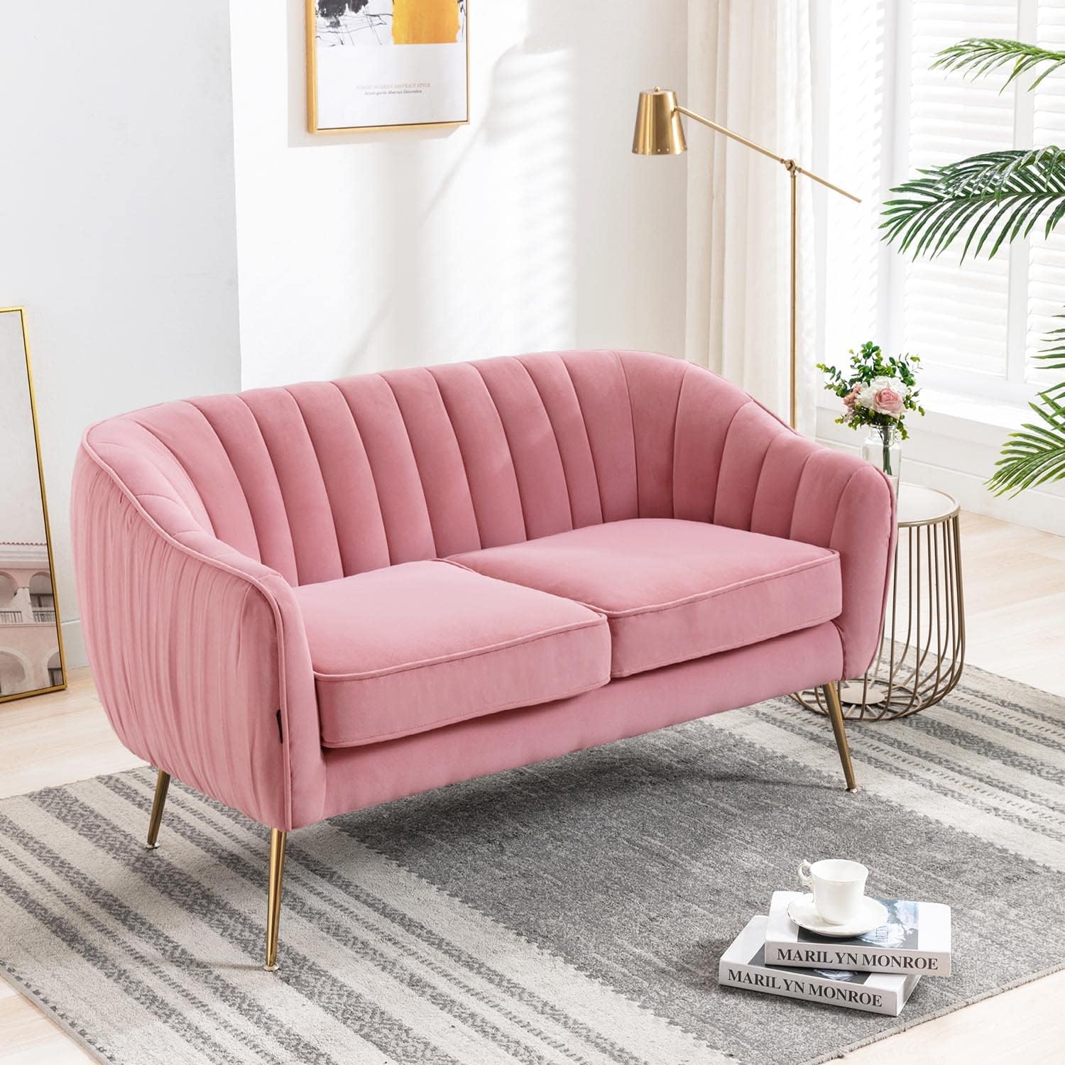 Velvet Sofa Couch for Two People, Modern Loveseat for Living Room Bedroom Small Spaces, Blush Pink