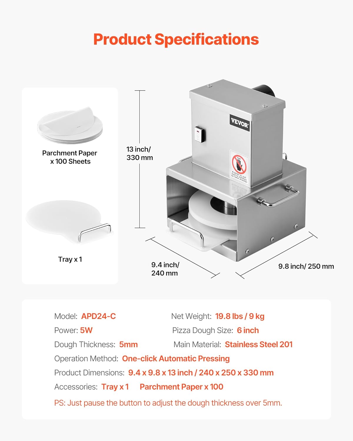 VEVOR Electric Pizza Dough Press Machine, 6 Inch Pizza Pastry Press Plate, Stainless Steel Bread Presser, Commercial Forming Machine with Adjustable Thickness and 100 Sheets of Parchment Paper