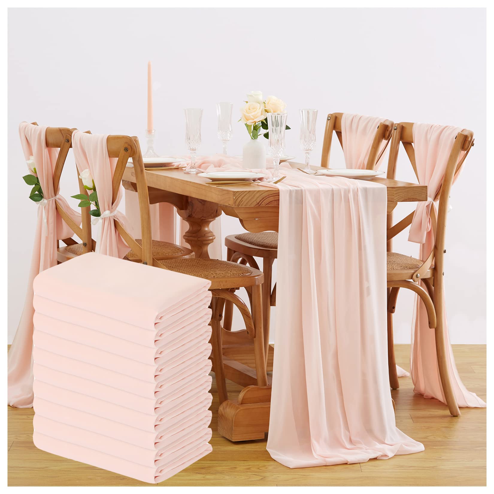 Photo 1 of 10 Feet Chiffon Table Runner Light Peach 10 Packs 14x120 Inches Chiffon Table Fabric for Spring Wedding Ceremony Baby Shower Party Table Decoration