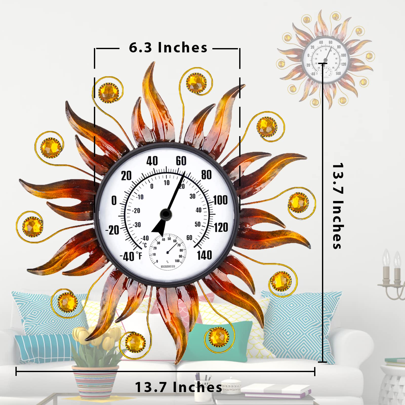 Termómetro para interiores y exteriores de 13 pulgadas, termómetro solar montado en la pared con humedad, fácil de leer termómetro decorativo exterior para patio, jardín, no requiere baterías