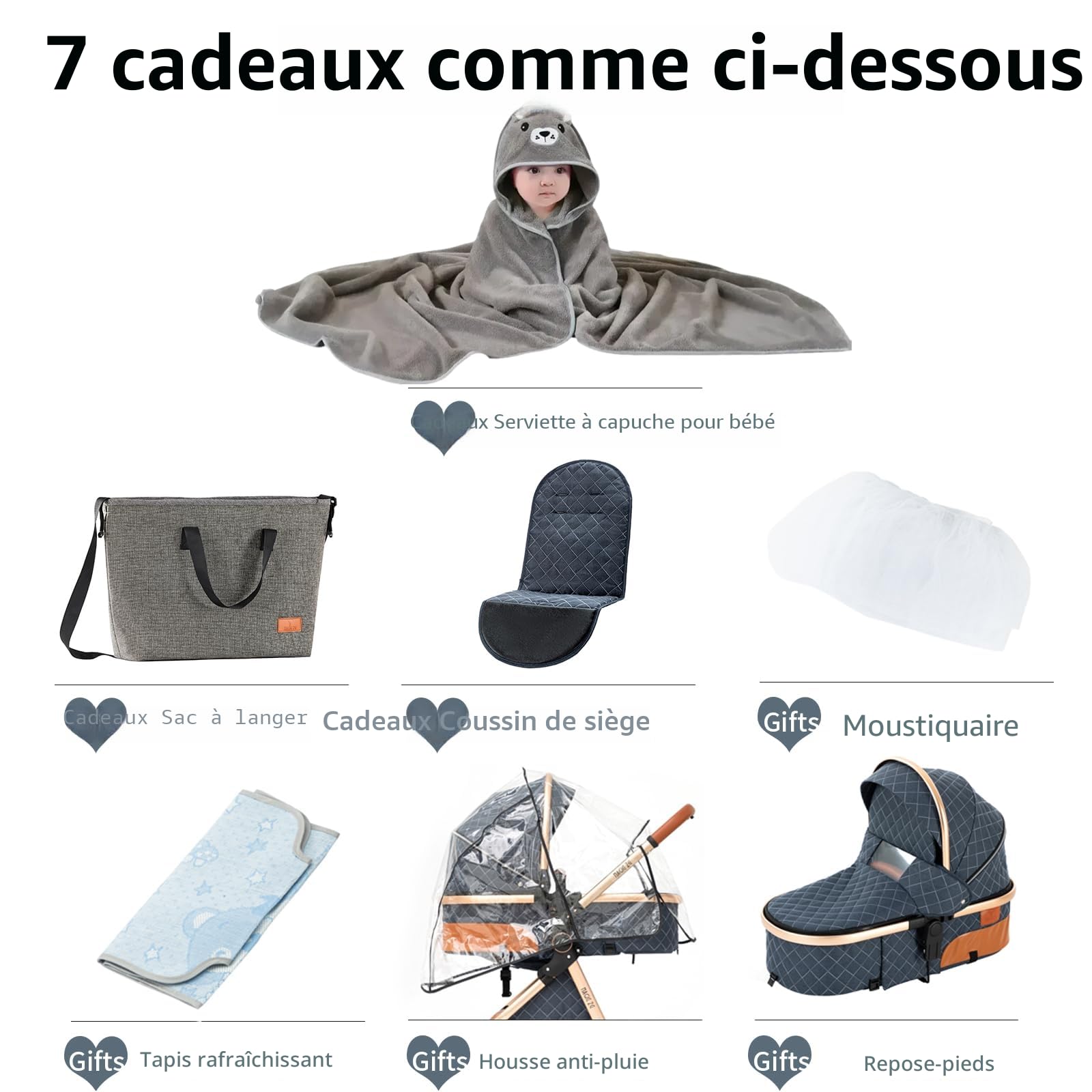 Poussette 3 en 1, Poussette avec Réversible Deux Façons de Pousser, Pousette 3 en 1 avec Alliage d'aluminium à Cadre, Poussette Canne avec Conception Pliable en Un Clic (225 Creamy White)