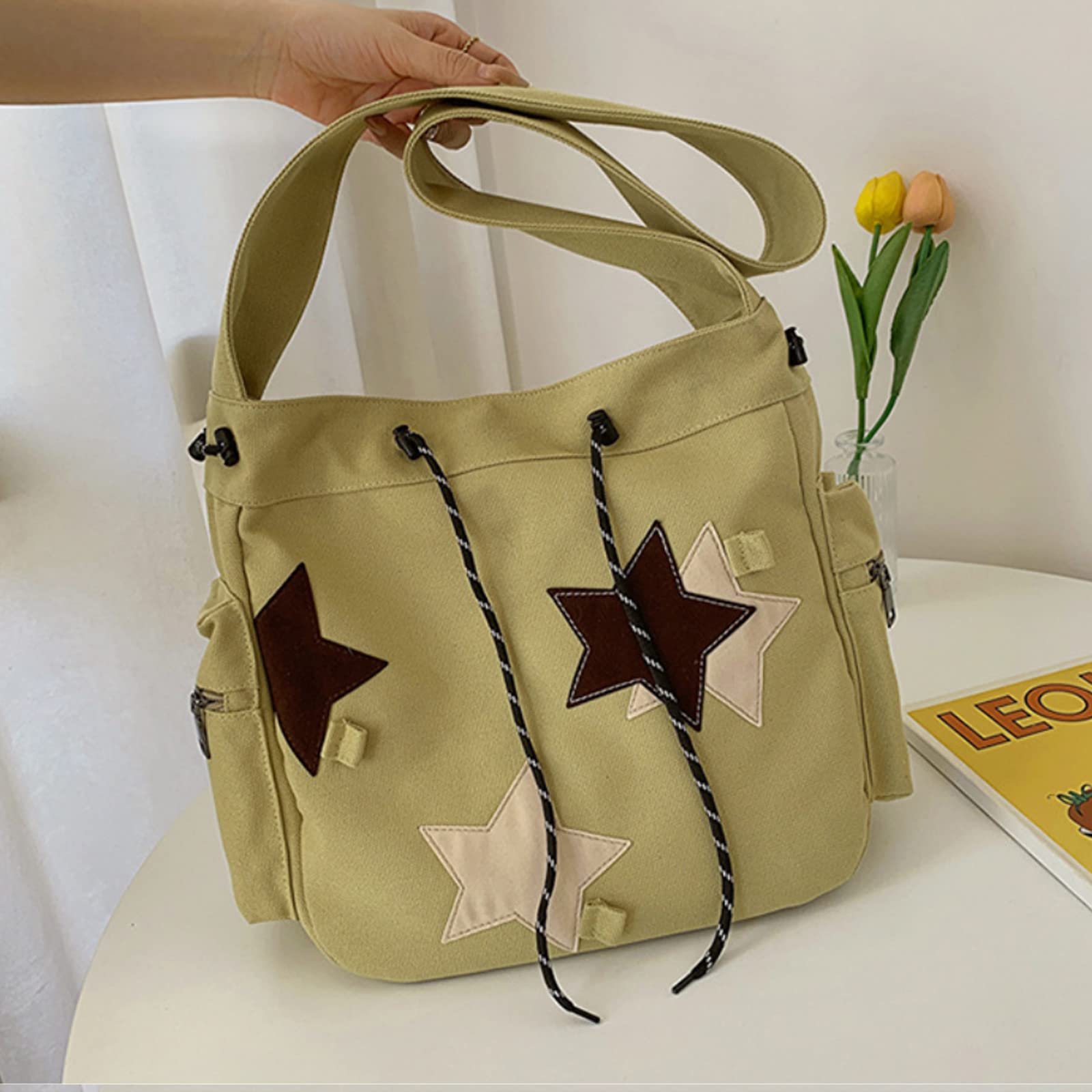 Canvas Schultertasche Kordelzug Handtasche Große Kapazität Henkeltaschen Casual Umhängetasche Mode Tragetasche Multifunktionale Tote Beutel Arbeit Reise Shopper Henkeltasche Khaki