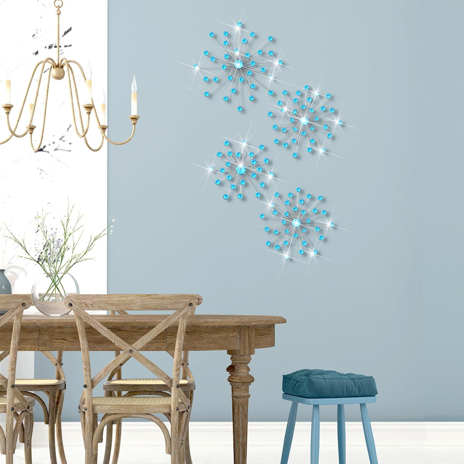 Funnymoom 4 Pcs Starburst Wall Decor Bling Crystal Wall Art Rhinestones Sunburst Home Decorative Bling Hanging Diamond Accents Metal Gold Decor Art for Living Room Bedroom Entryway Office(Blue) - Image 5