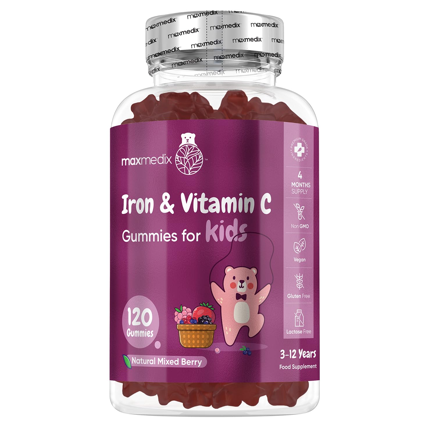 Iron Gummies for Kids - 4 Months Supply - 120 Gummies - with Vitamin C - Natural Mixed Berry Flavour - Bioavailable Forms - Lactose-Free & Vegan Iron Supplements for Kids - No Metallic Aftertaste