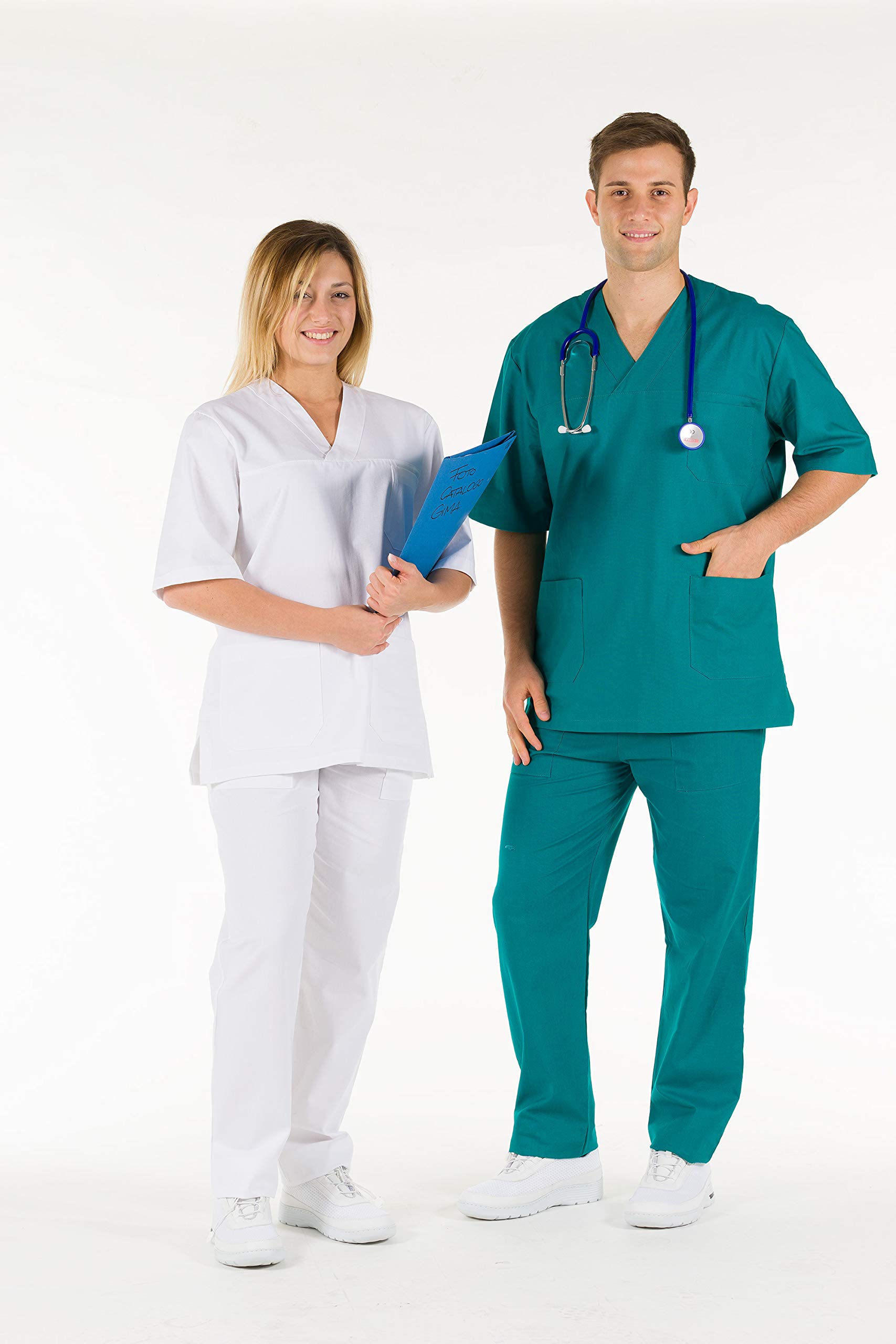 Gima - Pantalone da Divisa Ospedaliera, 100% Cotone di Ottima Qualità, Unisex, Elastico in Vita, 3 Tasche, per Dottori, Dentisti, Veterinari, Infermieri, Bianco, L