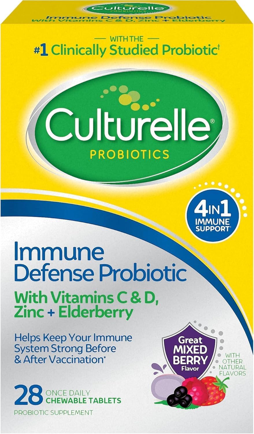 Immune Defense Daily Probiotic for Women & Men - 28 Count, Mixed Berry Chewables with 4-in-1 Immune Support. Probiotic Vitamin C, Vitamin D, and Zinc Plus Elderberry
