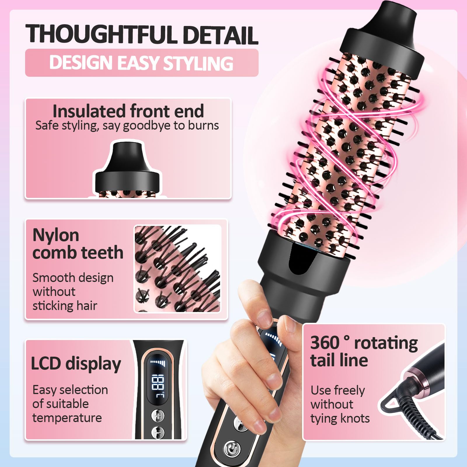 3 in 1 Thermal Brush, 38 mm Brosse Chauffante Céramique, LCD 100-210 °C,Lissage, Boucles Souples, Volume, Design Ionique Anti-Frisottis,5 Réglages de Température,Chauffage Rapide (Noir)