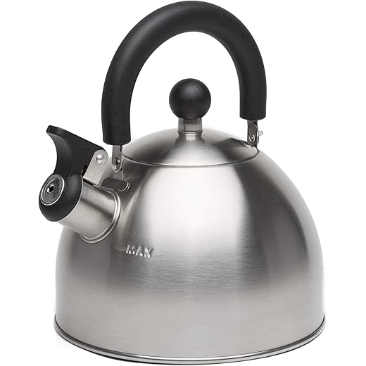 Primula Stewart Whistling Stovetop Tea Kettle Food Grade Stainless Steel, Hot Water Fast to Boil, Cool Touch Folding Handle, 1.5 Qt, Brushed