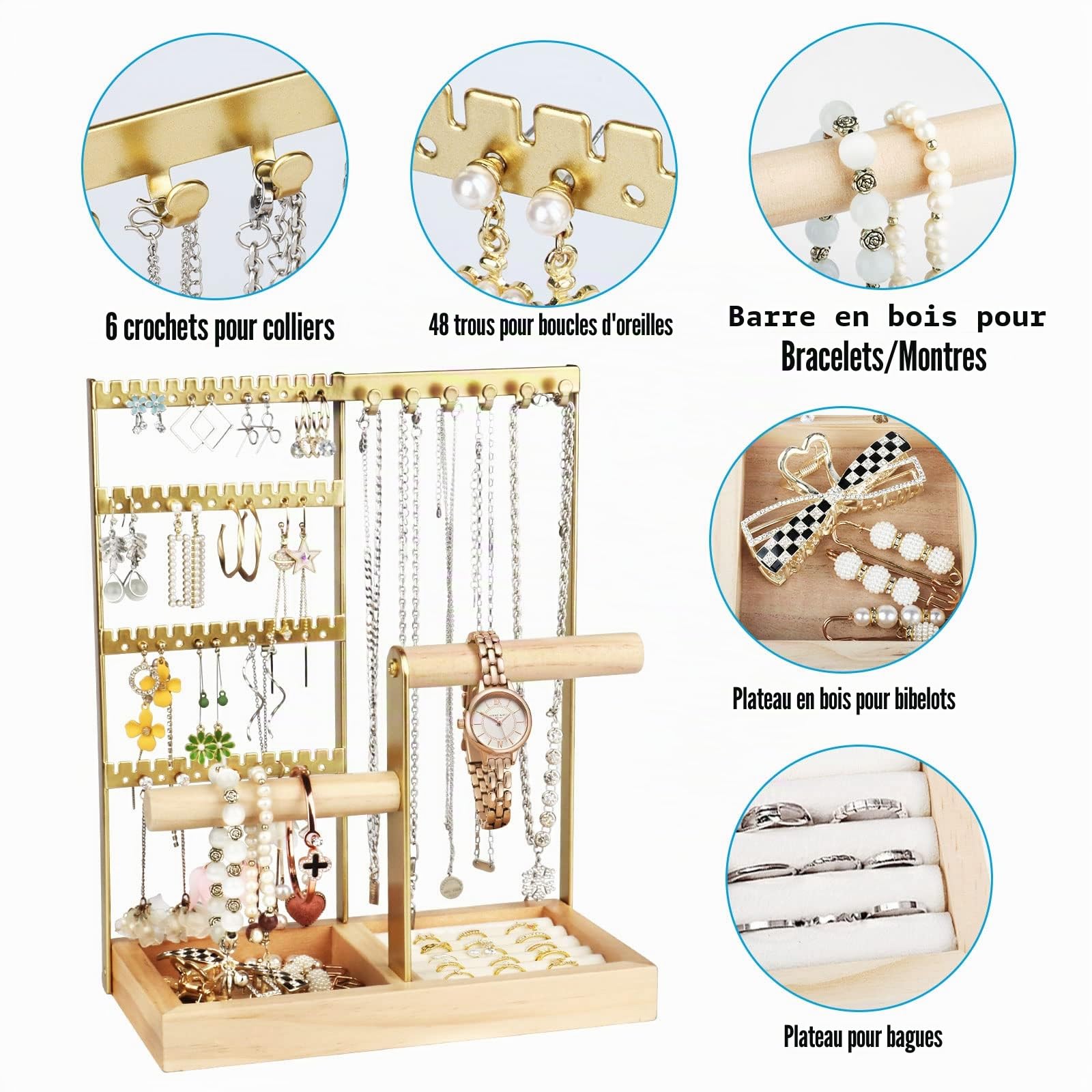 Présentoir à bijoux, Porte-bijoux multicouche pour colliers, crochets pour boucles d'oreilles, rangement pour bagues, boucles d'oreilles, bracelets, montres et accessoires (Or)