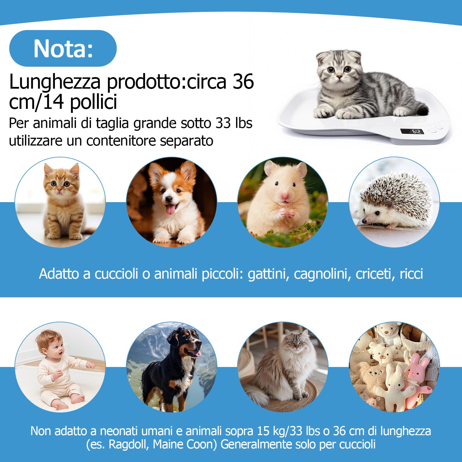 Bilancia Neonato Digitale, Bilancia per Cuccioli, Bilancia per Cani 15 Kg, Bilancia Digitale Lcd per Gatti, Quattro Modalità di Pesatura, Adatta per Piccoli Animali, Cucine E Alimenti (36 x 25,5 cm) - 5