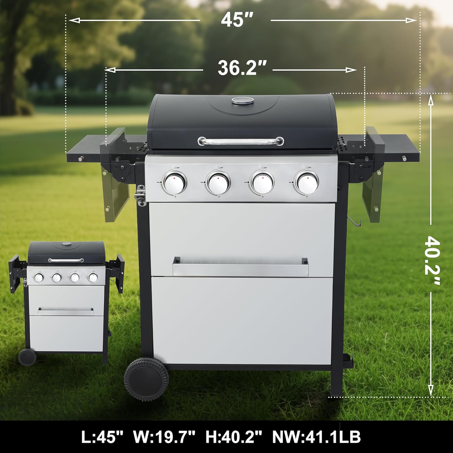 Stainless Steel 4-Burner Propane Gas Grill – 40,000 BTU Output, Porcelain-Enamel Grates, Even Heating System & Easy Grease Management for Backyard Patio BBQ Parties