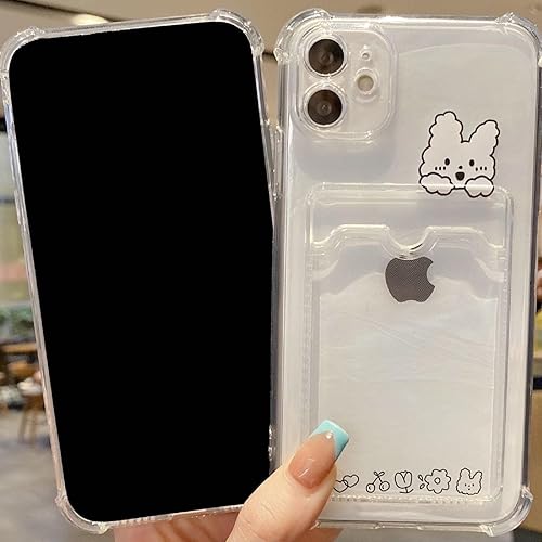 Miniatura 3 de Funda compatible con iPhone 13 Mini, bonita funda de dibujos animados kawaii con diseño de oso de conejito transparente para tarjetas de crédito,