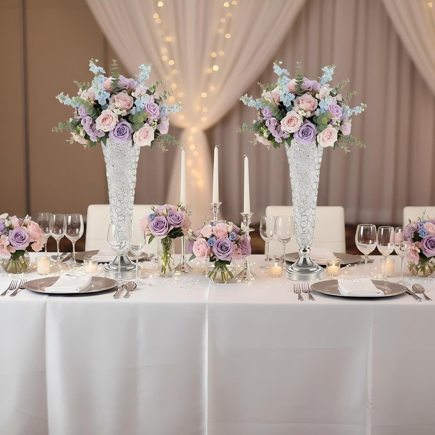 Silver Vases for Centerpieces - Crystal Trumpet Floral Vase, 2Pcs Crystal Vases for Table Centerpieces, 20in Flower Stand for Wedding Party Anniversary Birthday Home Decoration