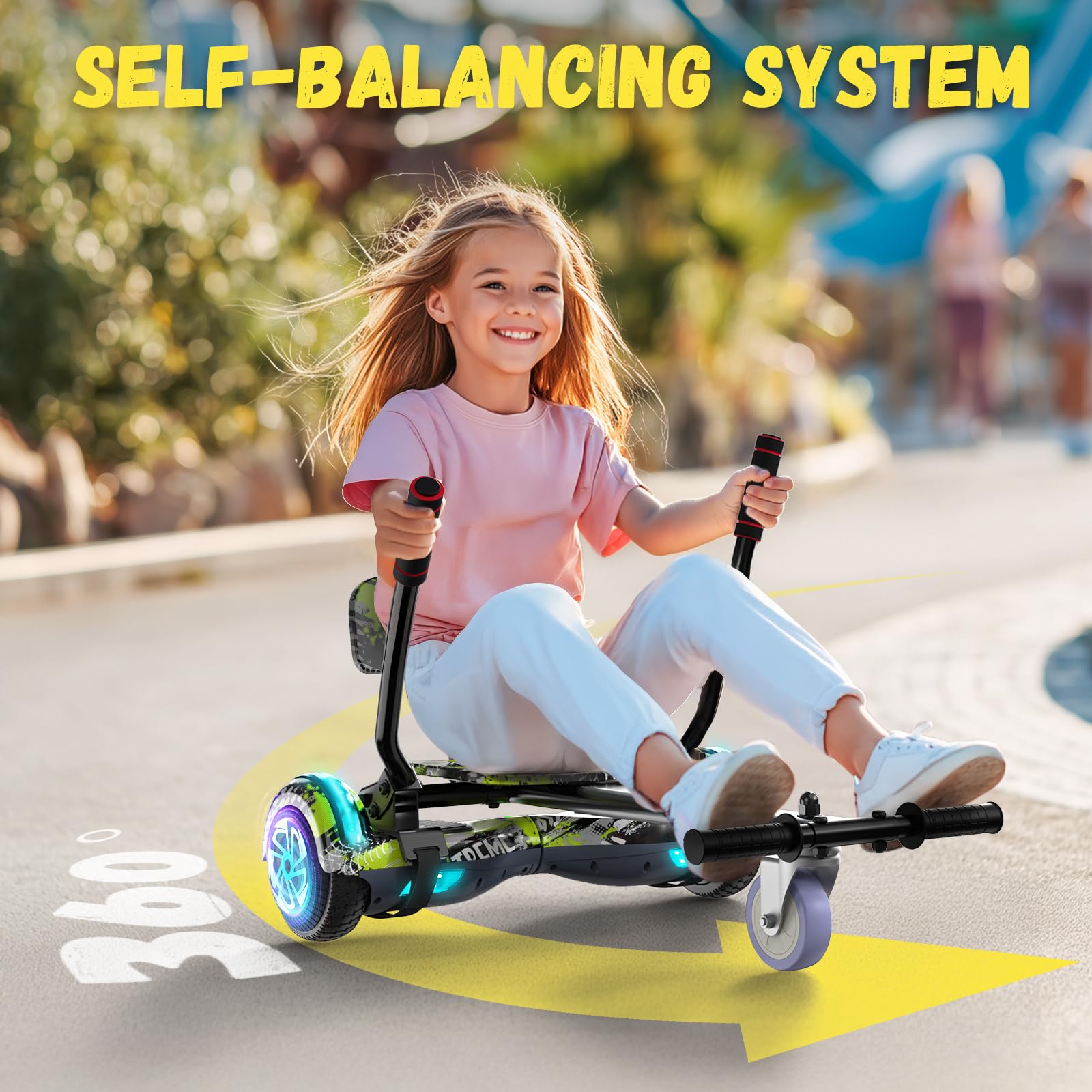 Trottinette avec siège réglable, Hoverboard auto-équilibré à deux roues de 6,5 pouces, avec haut-parleurs Bluetooth et lumières LED tendance
