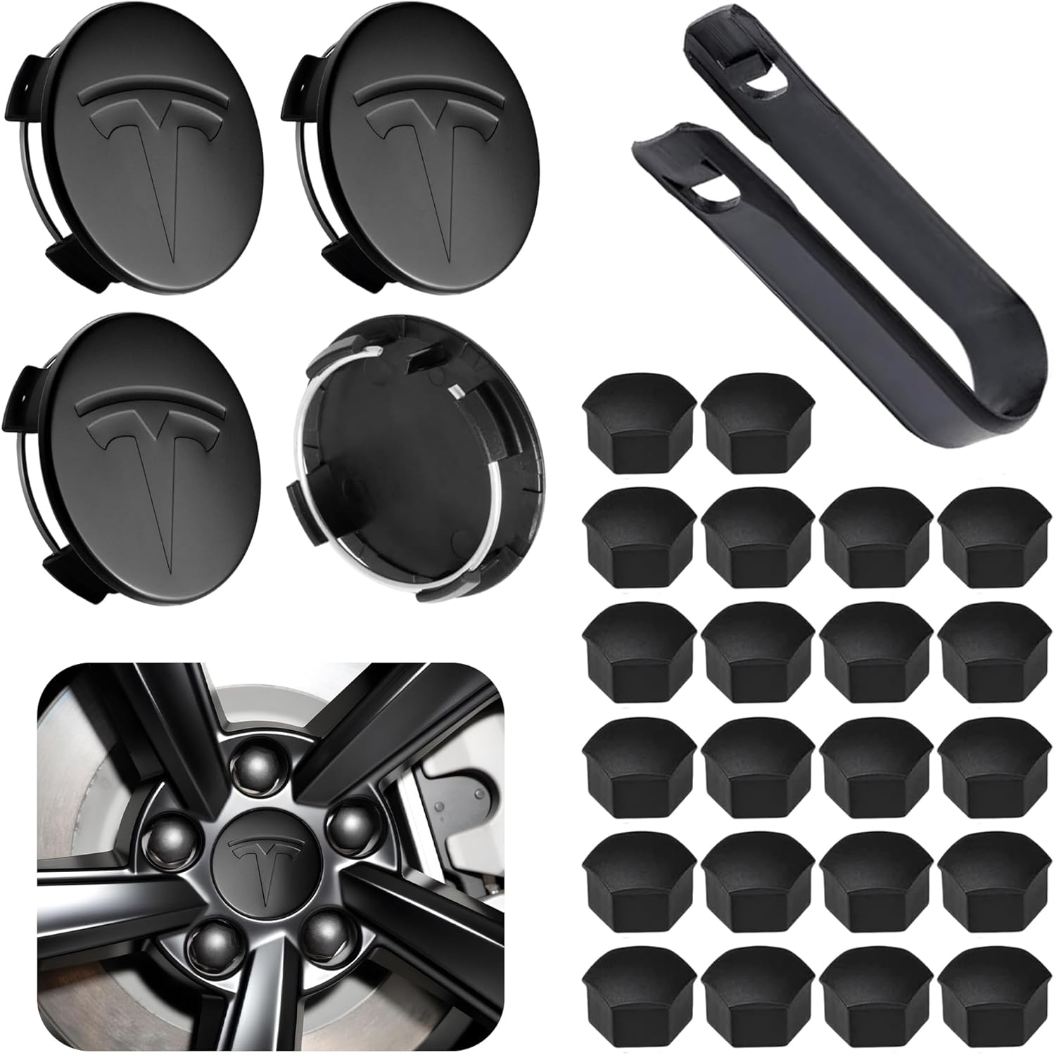 4 Pack Car Wheel Center Hub Cap Kit with 22 Lug Nut Covers, 2.2 in (56mm) Wheel Rim Covers Center Hubcaps with Emblem for Model 3 / Y, Matt Black Gray & Silver Exterior Decoration for Tesla