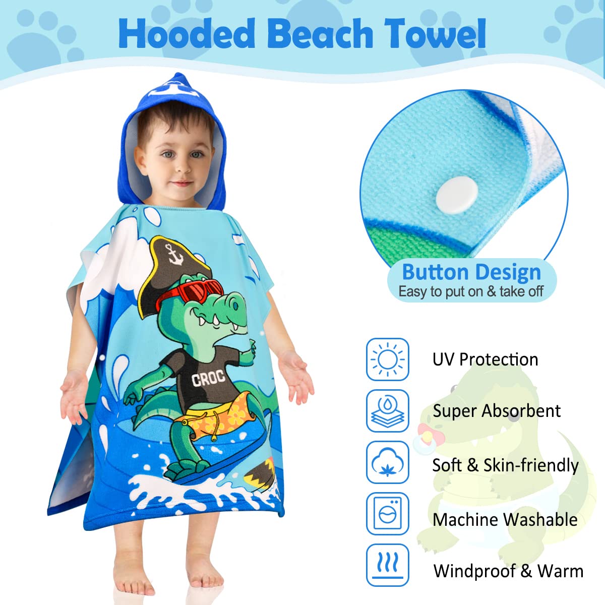 Poncho de Bain Enfant Crocodile Serviette de Bain Serviette de Plage Fille Cape de Bain Garcon Super Absorbant Séchage Rapide Poncho à Capuche Poncho de Surf Sortie de Bain pour Bébé 2-6 Ans