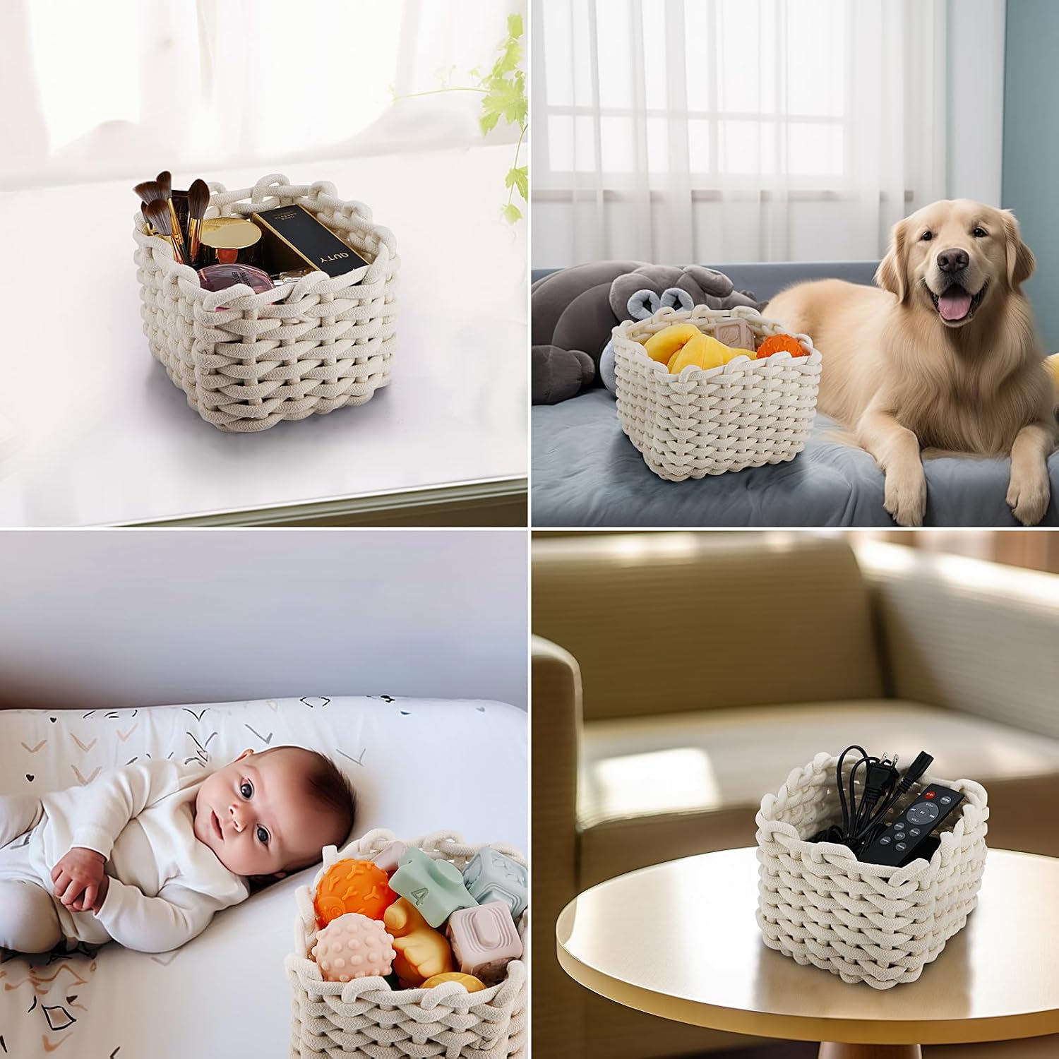 Small Woven Baskets, Decorative Square Storage Baskets for Pantry, Shelves, Living Room, Cotton Rope Organizer, Multi-Size, 2-Pack (White)
