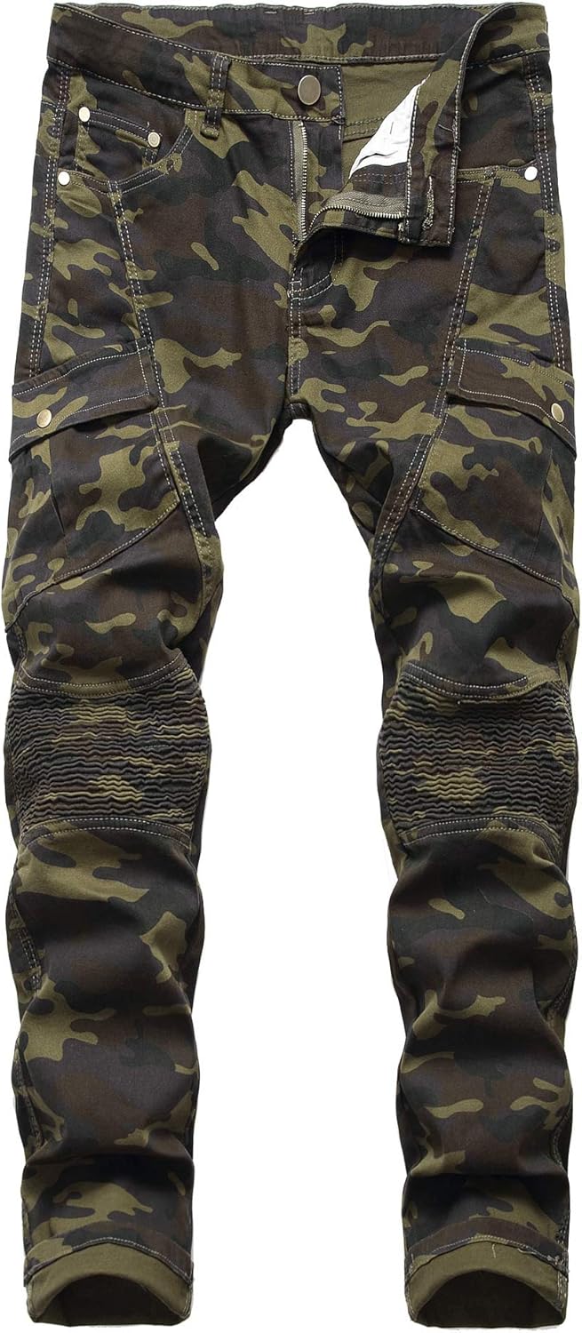 Men's Military Style with Ribbed Knee Panels Camouflage Army Green Cargo Jeans