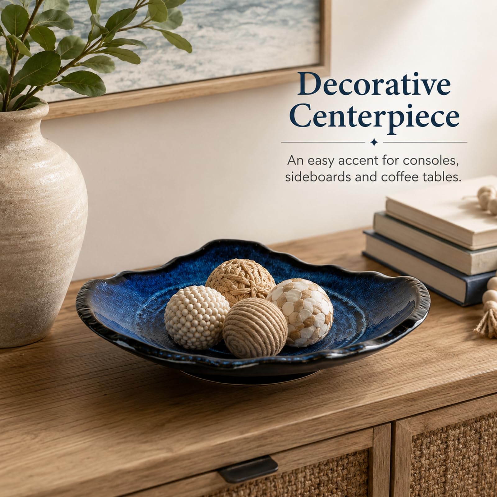 Bol décoratif en céramique bleu de 30,5 cm, bol à fruits, plat à bonbons, bol à clés pour table d'entrée, plat à bijoux, plateau à bijoux, fourre-tout en porcelaine pour comptoir de cuisine, table de