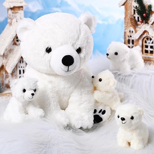 Miniatura 5 de Leitee 5 piezas de oso polar de peluche con bebés en el interior de invierno, gran oso polar blanco con 4 peluches de bebé en el vientre, regalos