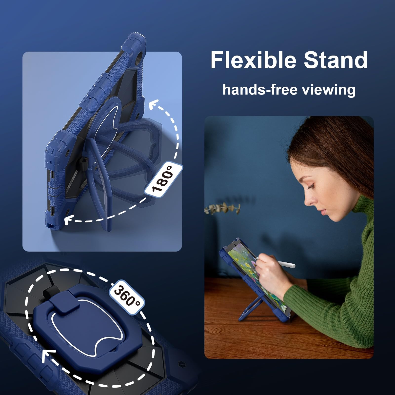 Etui Galaxy Tab A8 kompatybilne z etui Samsung 10,5 cala (SM-X200/X205) 2021 Wytrzymałe, odporne na wstrząsy, ochronne obrotową podpórką 360° + pasek rękę + ramię(Navy+Black)