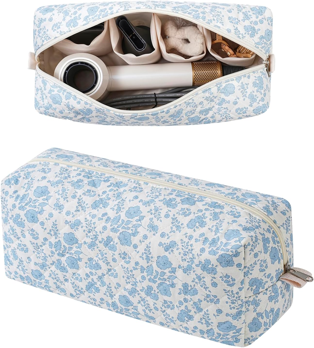 RSRSLEII Quilted Cotton Hair Tools Travel Bag，Hair Styling Storage Case for Hair Dryer and Attachments, Cute Portable Organizer with Compartments, Foldable(01Blue Flower)